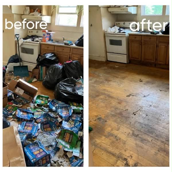 Before and after photos of a kitchen full of trash bags and debris cleared to bare floor