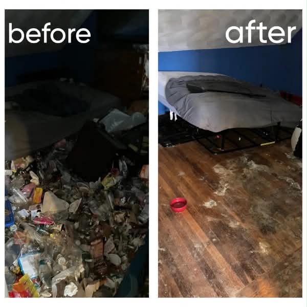 Before and after photos of a bedroom packed with debris cleaned down to the floor